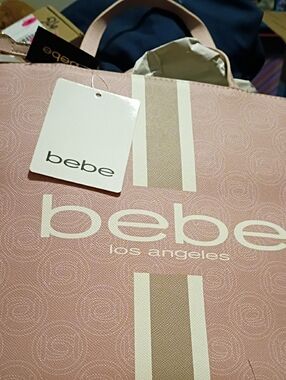 bebe Pink Tote with Cream Stripe and Logo